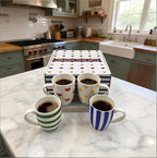 Colorful Pattern Mug Set of 4 Include Stripes, Polka Dot & Heart Ceramic Coffee Mugs, Gift Boxed Kitchen Mug Set, Bright Everyday Mugs for Family, Office & Parties