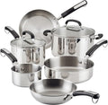 Farberware Brilliance Stainless Steel Cookware Pots and Pans Set with Kitchen Cooking Tools and Glass Lids, 10 Piece, Dishwasher Safe and Induction Ready, Stainless Steel
