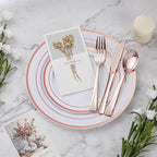 BESTVIP 300PCS Plastic Dinnerware Set (50 Guests), Rose Gold Disposable Plates for Party, Wedding, Christmas, Anniversary, Includes: Dinner Plates, Dessert Plates, Cups, Spoons, Forks and Knives