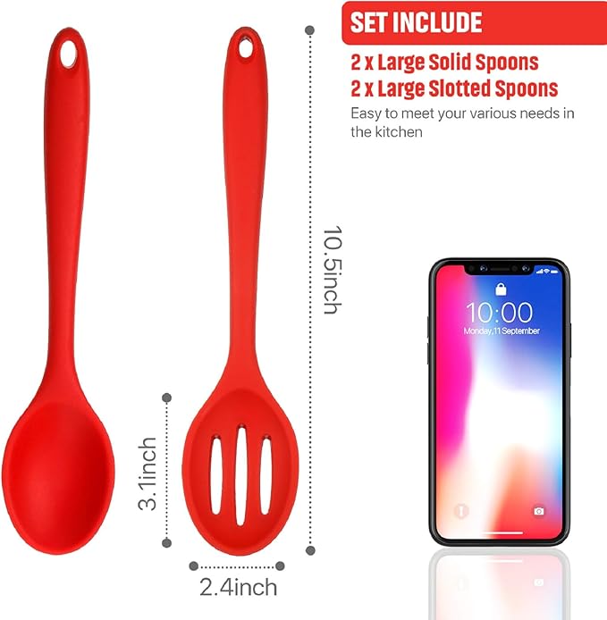 Boao 4 Pcs Silicone Spoons for Cooking 10.6 Inch Large Nonstick Serving Spoons Heat Resistant Slotted Spoon for Mixing & Stirring Kitchen Cooking Utensils, Dishwasher Safe(Red)