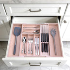 9-Piece Bamboo Kitchen Drawer Organizer Set, Expandable Silverware &Utensil Organizer with Removable Knife Block & Steak Knives, Flatware Organization, Tableware Dividers Storage(Pink)