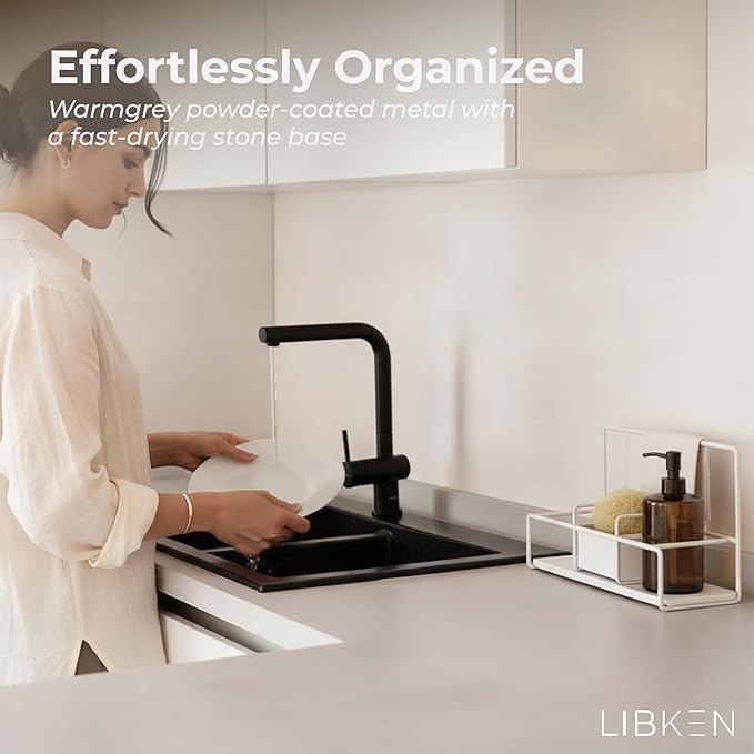 LIBKEN Kitchen Sponge Holder with Drying Stone – Warm Grey Powder Coated Metal Sink Caddy – Minimal Scandinavian Design Sponge Rack for Kitchen Sink Organization & Elegant Countertop Storage