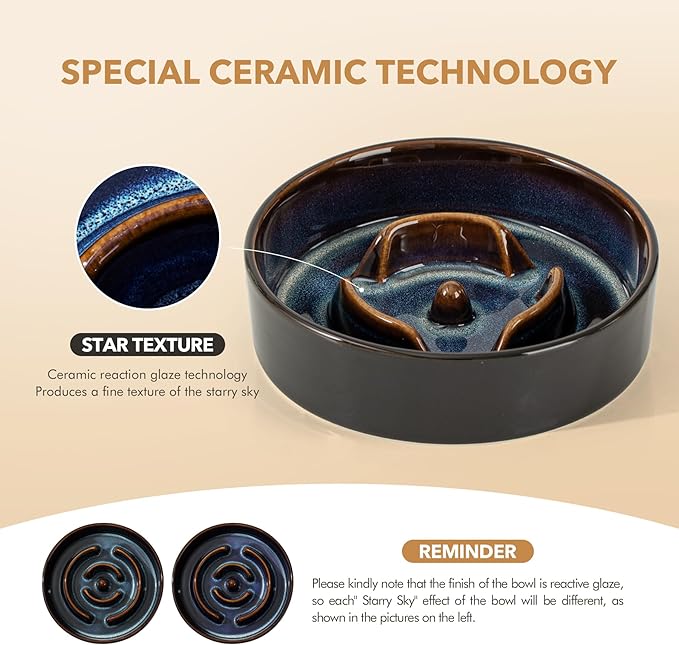Havniva Ceramic 0.9 Cup Raised Slow Feeder Dog Bowl Set, Elevated 6.1inch Water Bowl and 6.1inch Slow Dish with Acacia Wood Stand for Small Dogs (2 x Starry Sky+ Stand)