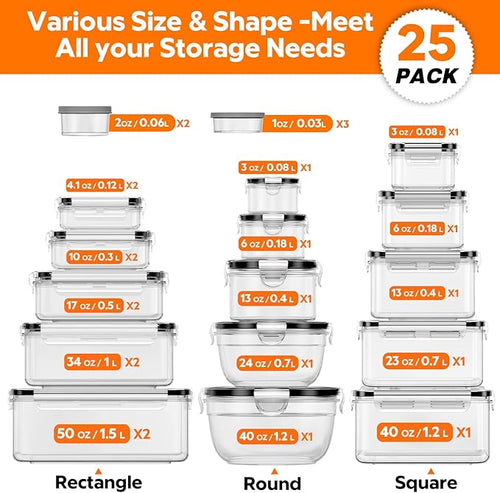 50 PCS Food Storage Containers with Lids (25 Containers & 25 Lids) - Reusable Plastic Food Containers for Kitchen Storage and Organization BPA-Free Leakproof Meal Prep Container with Labels & Pen