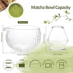 Matcha Bowl and Whisk Holder Set, Glass Matcha Bowl with Spout, Ceremonial Mixing Chawan, Clear Traditional Japanese Matcha Kit for Tea/Matcha Powder/Soup - Hammer Pattern
