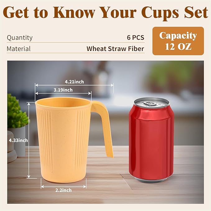 Wheat Straw Coffee Mugs 6-Pack– Unbreakable & Lightweight Cups, 12oz Stackable Cups with 6 Detachable Straws & 2 Cleaning Brushes (Colorful, 12, Fluid Ounces)