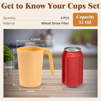 Wheat Straw Coffee Mugs 6-Pack– Unbreakable & Lightweight Cups, 12oz Stackable Cups with 6 Detachable Straws & 2 Cleaning Brushes (Colorful, 12, Fluid Ounces)