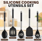5Pcs Silicone Cooking Utensils Set, Heat Resistant Kitchen Tools Include Solid&Slotted Spatula, Cooking Spoon and Pasta Server, Silicone Kitchen Utensils set for Nonstick Cookware Flipping, Black