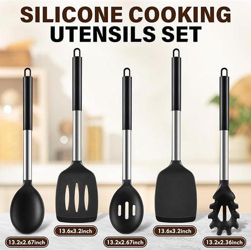 5Pcs Silicone Cooking Utensils Set, Heat Resistant Kitchen Tools Include Solid&Slotted Spatula, Cooking Spoon and Pasta Server, Silicone Kitchen Utensils set for Nonstick Cookware Flipping, Black