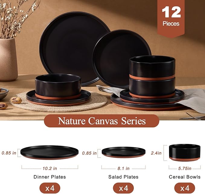 LIANYU 12 Pieces Porcelain Dinnerware Sets, Premium Plates and Bowls Set, High-Fired Ceramic Dishes Set for 4, Chip & Scratch Resistant, Microwave Dishwasher Safe, Charcoal Black