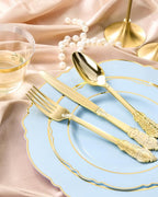 realluck 350 Piece Light Blue Plastic Dinnerware Set for 50 Guests Elegant Baroque Disposable Dinnerware for Weddings, Parties, 100 Plastic Plates, 50 Pre Rolled Napkins with Silverware, 50 Cups