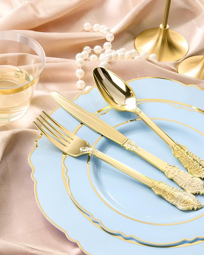realluck 350 Piece Light Blue Plastic Dinnerware Set for 50 Guests Elegant Baroque Disposable Dinnerware for Weddings, Parties, 100 Plastic Plates, 50 Pre Rolled Napkins with Silverware, 50 Cups