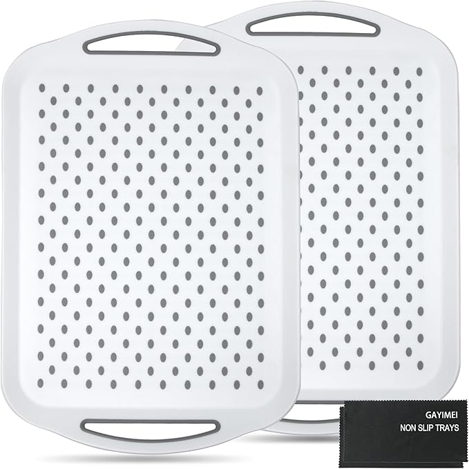 Large Anti-Slip Serving Tray with Handles, Dual Rubber Grippy Lap Food Trays for Eating, Dinning, Breakfast, on Couch/TV, White - Set of 2