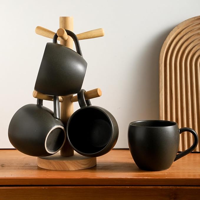 Coffee Mugs Set of 4, Stoneware 18 oz Coffee Mugs for Cappuccino Latte Cocoa and Tea, Ceramic Coffee Cups with Handle,Black Mugs for Housewarming Gifts, Microwave and Dishwasher Safe