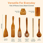 Non-Toxic Wooden Kitchen Utensils Set, 15.4" Long Handle Wood Spatula for Cooking, Egg Flipper Fish Turner Spatula for Non Stick Frying Pan, with Chopsticks, Soup Ladle, Pasta Spoon, Holder, Rest
