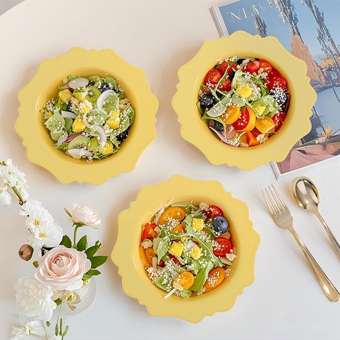 COLOSUS Yellow Plastic Party Bowls (60 Pack) 12 Oz Disposable Soup/Salad Bowl, Fancy Shatterproof Dinnerware for Catering, Holidays, Weddings, and Everyday Use
