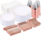 GATHER 350PCS Rose Gold Plastic Plates - Disposable Rose Gold Dinnerware Sets Includes 100 Gold Rimmed Plastic Plates, 150 Silverware, 50 Napkins, 50 Cups for Party, Wedding, Mother's Day
