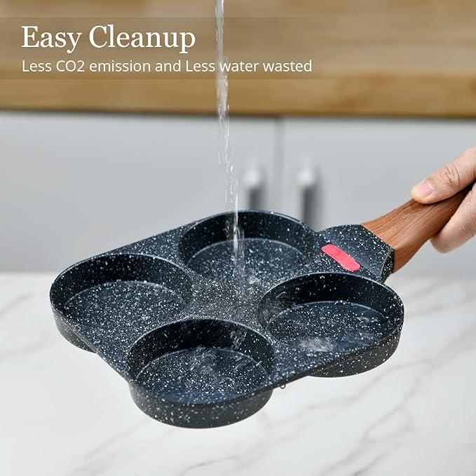 4-Cup Egg Pan Nonstick for Breakfast Brunch, Pancake Pan with Turner and Brush, Non Stick Egg Frying Pan, Granite Coating Mini Egg Cooker Pan, Small Egg Skillet Suitable For Gas Stove & Induction Top