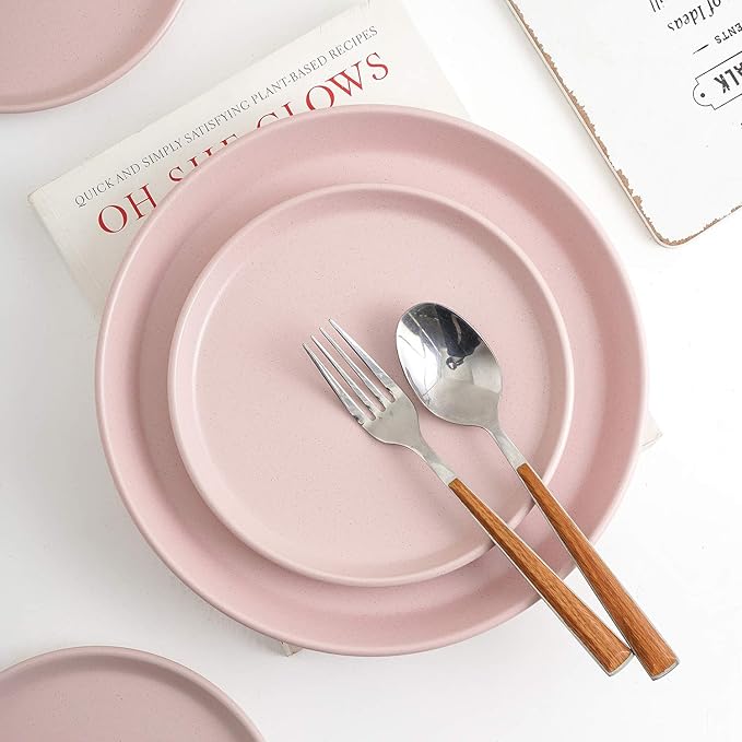 Stone Lain Albie Stoneware 16-Piece Modern Dinnerware Set, Kitchen Plates and Bowls Sets, Service for 4, Pink, Microwave & Dishwasher Safe