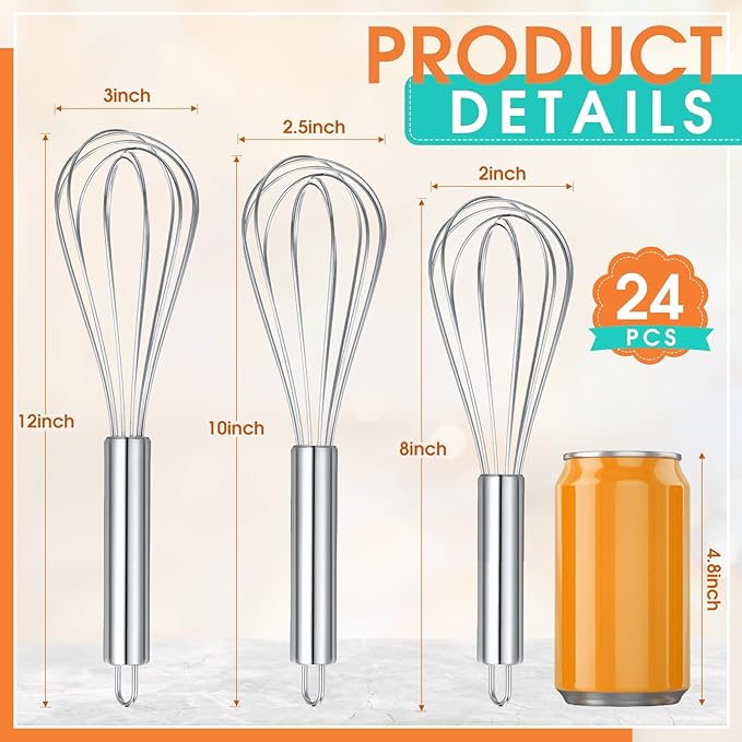 Domensi 24 Pcs 8" 10" 12" Whisks Set Kitchen Whisks for Cooking Heat Resistant Stainless Steel Balloon Wire Whisk Bulk for Non Stick Cookware Blending Stirring Valentines Day Baking