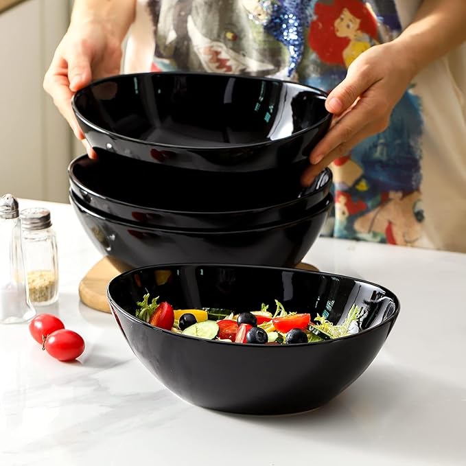 HASENSE 40oz Serving Bowls & Salad Bowls Set of 4– Large Ceramic Mixing Bowls for Kitchen, Stackable Design for Pasta, Fruit, Popcorn, Side Dishes, Soup, Microwave & Dishwasher Safe, Black