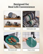 Famiware Venus 24-Piece Stoneware Dinnerware Set for 6 - Includes Pasta Bowls & Dinner Plates with Trim, Dishes for Everyday & Formal Use, Chip Resistant, Microwave & Dishwasher Safe, Matte Dark Green