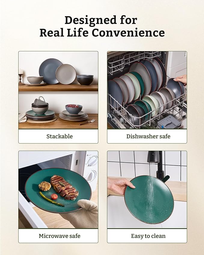 Famiware Venus 18-Piece Plates and Bowls Sets for 6, Stoneware Dinnerware Set with Trim, Modern Minimalist Dishes for Everyday & Formal Use, Chip Resistant, Microwave/Dishwasher Safe, Matte Dark Green