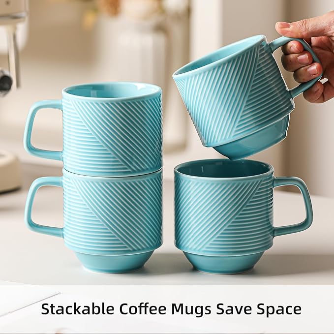 Stackable Coffee Mugs Set: 13 oz Ceramic Stacking Cups for Cappuccino Latte Tea - Microwave Safe Mug for Home & Office - 4 PCS, Turquoise