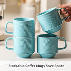 Stackable Coffee Mugs Set: 13 oz Ceramic Stacking Cups for Cappuccino Latte Tea - Microwave Safe Mug for Home & Office - 4 PCS, Turquoise