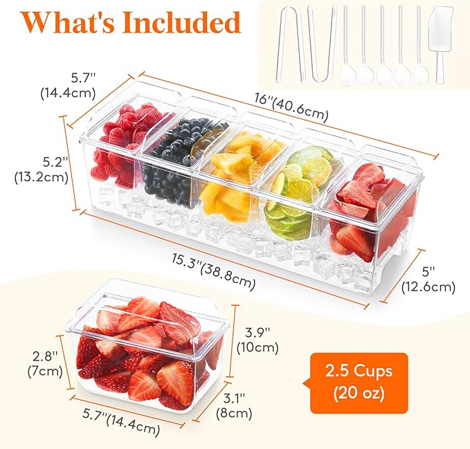 Lifewit Taco Bar Serving Set for Party with 5 x 20 oz Containers & Components, Ice Chilled Condiment Caddy Organizer, Garnish Serving Tray Platter for Mimosa Bar Accessories, Fruit, Salad, Food