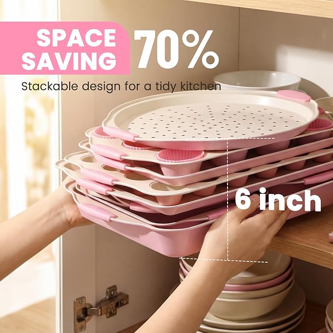 Kikcoin 22 PCS Nonstick Baking Pans Set, Stackable Bakeware Sets with Silicone Handles, 450°F Oven Safe Baking Sheet Set, Easy Release Cookie Sheets for Baking, Pink