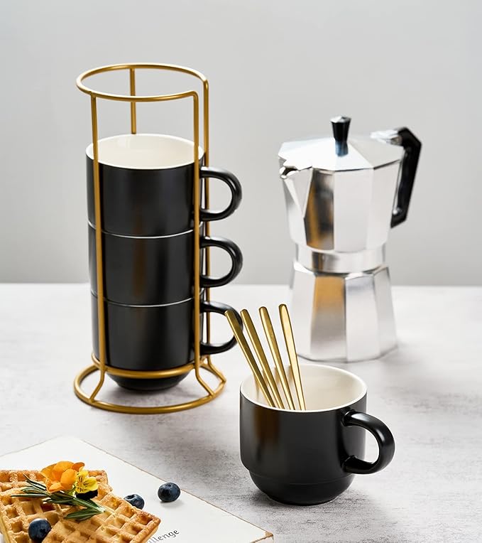 YHOSSEUN Porcelain Stackable Coffee Mugs Set With Rack, Espresso Cups with Stand Stir Spoons, 11 Oz Coffee Cups Demitasse Cup for Latte, Macchiato, Cafe Mocha Set of 4, Black