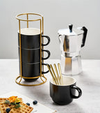 YHOSSEUN Porcelain Stackable Coffee Mugs Set With Rack, Espresso Cups with Stand Stir Spoons, 11 Oz Coffee Cups Demitasse Cup for Latte, Macchiato, Cafe Mocha Set of 4, Black