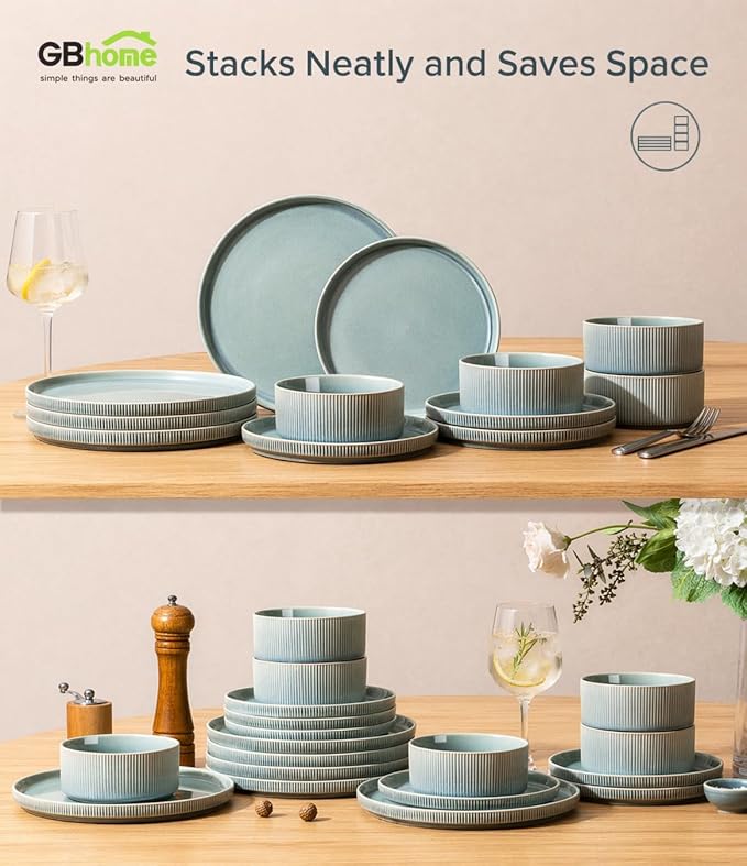 GBHOME 12-Piece Stoneware Dinnerware Set for 4 – Ribbed Ceramic Plates and Bowls, Scratch-Resistant, Microwave & Dishwasher Safe, Reactive Glaze, Malachite Green