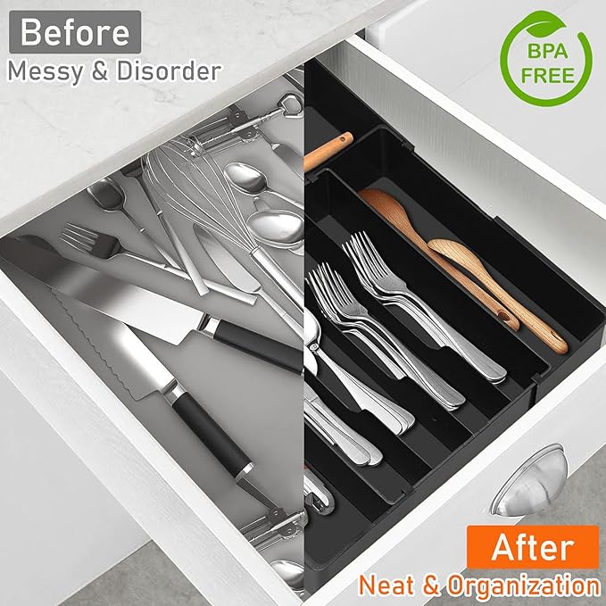 Large Kitchen Silverware Organizer - Expandable 17.2" x 17.9" Adjustable Drawer Tray, 4-7 Compartments for Maximum Storage, BPA-Free, Black,L