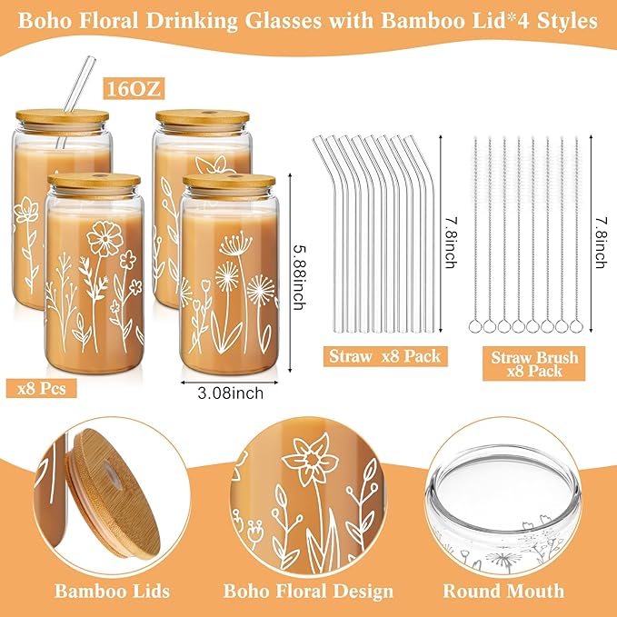 Mumufy 8 Pack Bridesmaid Gift Glass Cups, Cute Flower Mason Jars with Bamboo Lids & Straws, 16oz Iced Coffee Tumblers for Wedding, Bridal Party, Birthday, Mother's Day(Boho Floral)