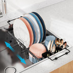 iSPECLE Small Sink Dish Drying Rack, 9" W Expandable Compact Rust Resistant Dish Drainer for RV Apartment Kitchen, Dish Rack with Lock Knob, Arms with Non Slip Rubber, Black