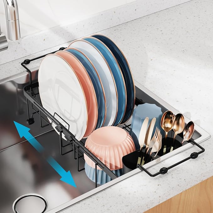 iSPECLE Small Sink Dish Drying Rack, 9" W Expandable Compact Rust Resistant Dish Drainer for RV Apartment Kitchen, Dish Rack with Lock Knob, Arms with Non Slip Rubber, Black