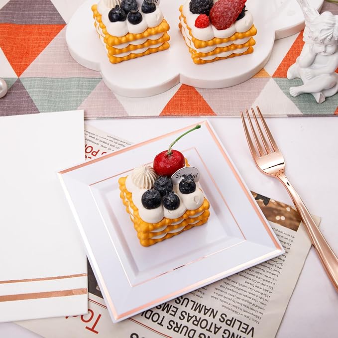 Festiva 350Pcs Rose Gold Plates and Napkins Party Supplies-Square White and Rose Gold Disposable Dinnerware include Plates Cups Cutlery Napkins for 50 Guests Wedding &Mother's Day&Birthday Party