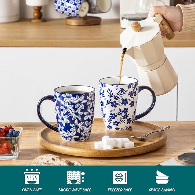 vancasso SELENE Large Coffee Mugs Set of 6, 16 Oz Porcelain Coffee Cups with Handle, Ceramic Tea Cup for Cappuccino, Latte, Tea, Cocoa, Dishwasher & Microwave Safe Gift Sets, Vintage Blue