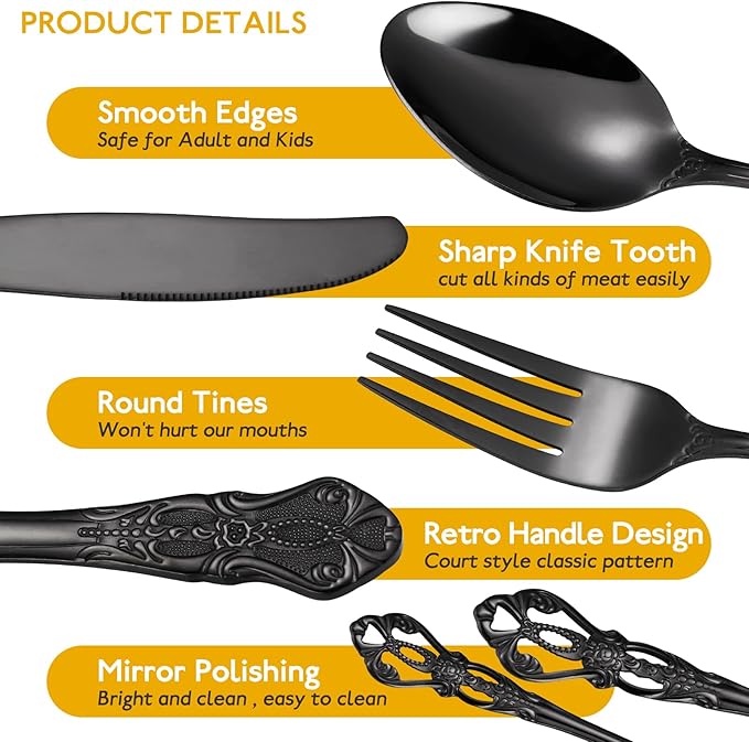 Gorgeous Retro Royal Black Silverware Set For 8,OIULO 40 Pieces Flatware Service 8,Stainless Steel Anti-rust Dark Fine Vintage Utensils Forks Spoons Knife,Antique Baroque Cutlery,Mirror Dishwasher