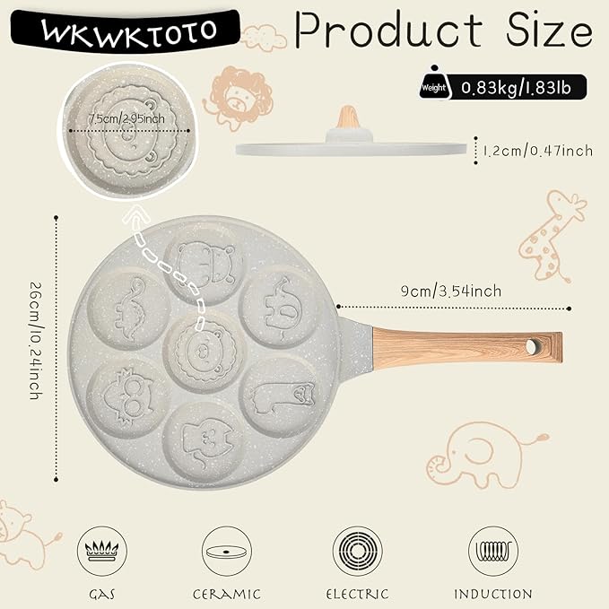 Pancake Maker Egg Frying Pan Suitable for All Stovetops & Induction Cooker, 10.5 Inch Animal Pancake Pan, 7 Molds Pancake Maker with PFOA Free Coating-Beige