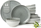 Pokini Gradient Green Stoneware Dinnerware Sets, 12 pcs Reactive Glaze Plates and Bowls Sets, Handmade Ceramic Round Dishes Set for 4, Highly Chip and Crack Resistant Modern Plate Set