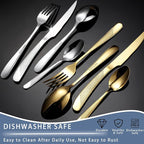 Gold Silverware Set, Caliamary 24 Pieces Flatware Set with Silverware Holder, Stainless Steel Knives and Forks and Spoons Cutlery Set Service for 6, Kitchen Utensil Tableware Set with Antiskid Handle