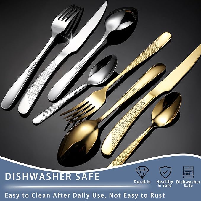 Gold Silverware Set, Caliamary 24 Pieces Flatware Set with Silverware Holder, Stainless Steel Knives and Forks and Spoons Cutlery Set Service for 6, Kitchen Utensil Tableware Set with Antiskid Handle