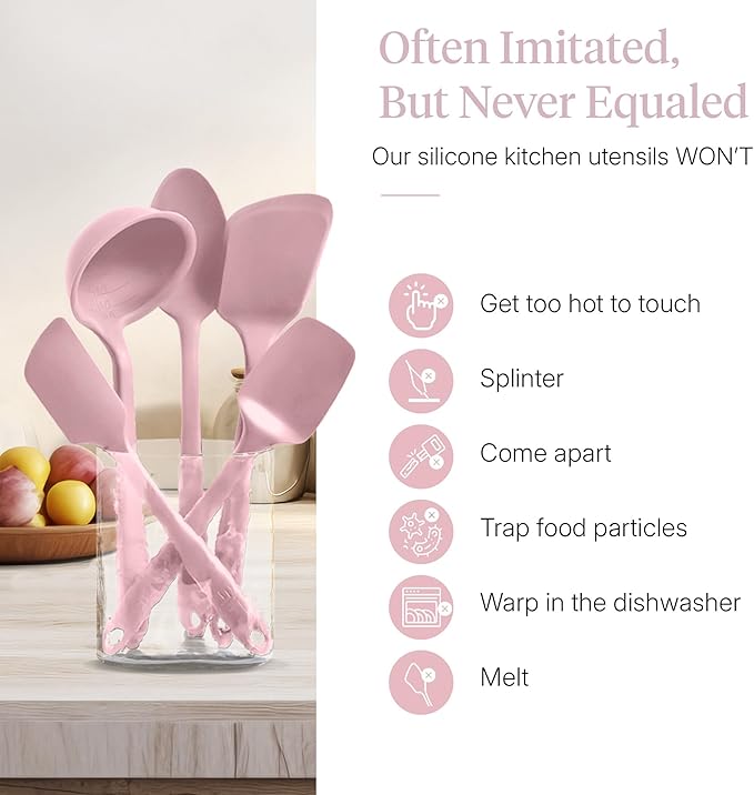 GIR 5-Piece Silicone Kitchen Utensils Set, Non-Toxic Cooking Utensils for Cooking and Baking, Heat Resistant, Food Grade, Dishwasher Safe Rubber Spatula, Ladle, Spoon - Rose