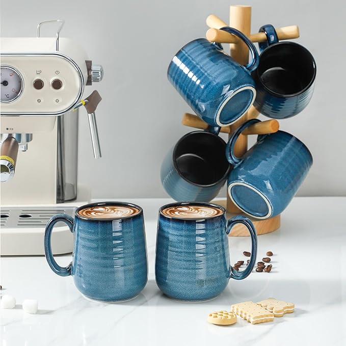 HASENSE Ceramic Coffee Mugs Set of 6, 15oz Large Coffee Mugs with Handle, Coffee Cups for Coffee, Tea, Latte & Cappuccino, Coffee Mugs for Men and Women, Microwave & Dishwasher Safe, Blue