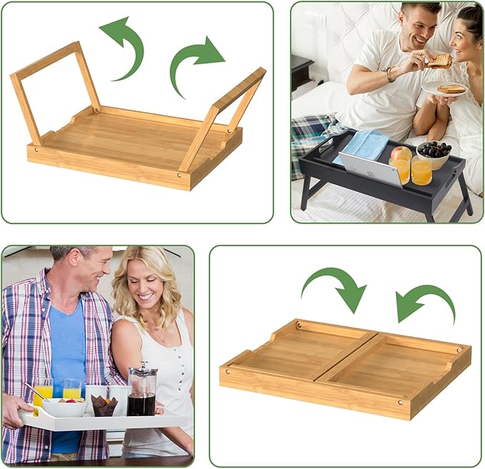 2 Pack Bed Tray Table with Foldable Legs, Bamboo Breakfast Tray for Sofa, Beds, Eating, Working, TV Table, Food, Dinner, Computer Trays, Laptop Desk Snack Folding Trays in Bed
