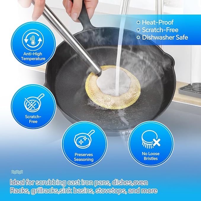 Kitchen Cleaning Brush with Handle, Non-Scratch Preserve Seasoning for Wok, Cast Iron Skillet, Pans, Oven Racks, Air Fryer, Jars - Stainless Steel Handle