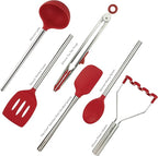 Tovolo Silicone Cooking Utensil Set of 6 Stainless Steel Handle Ladle Slotted Turner Tongs Flex Core Spatula Scraper Mixing Spoon & Potato Masher, Dishwasher Safe BPA Free Utensils, Cayenne Red